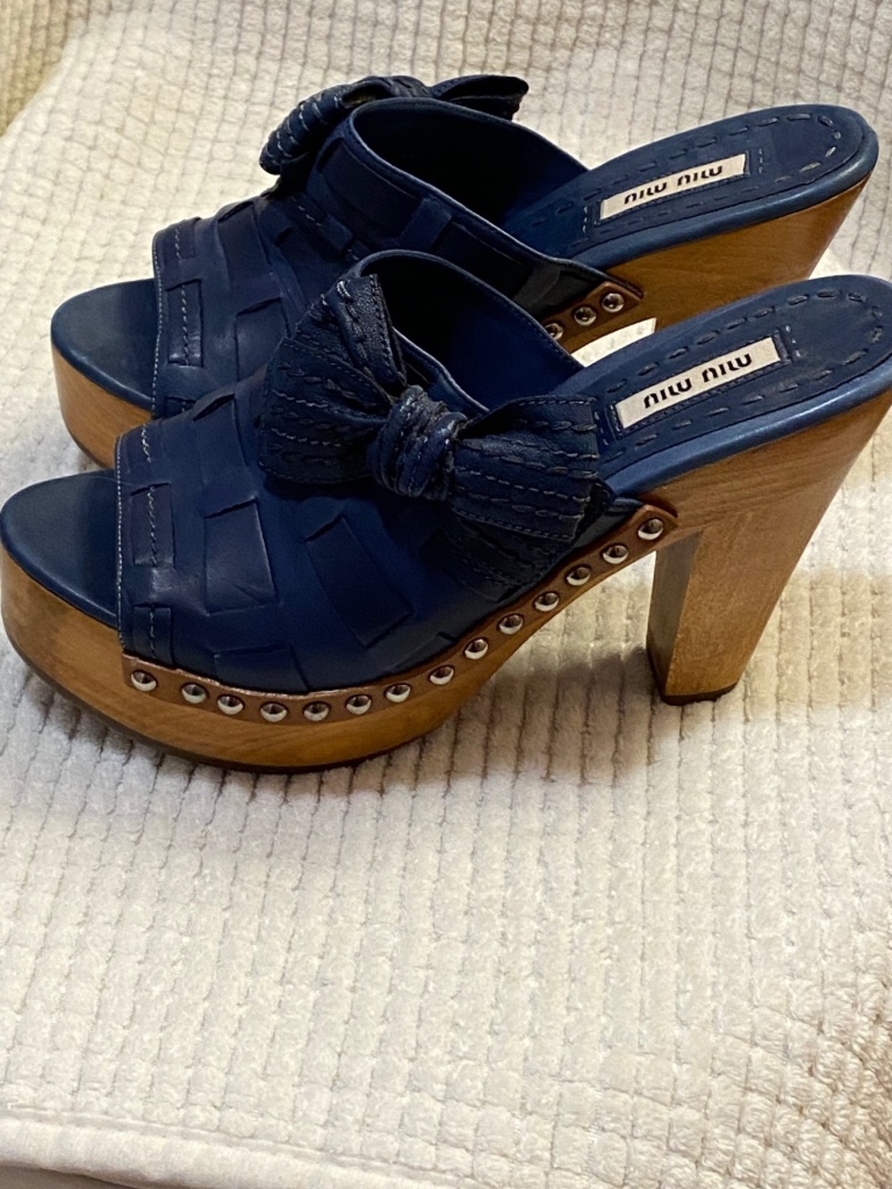 Miu Miu 36.5 blue leather slides 3" wooden heel